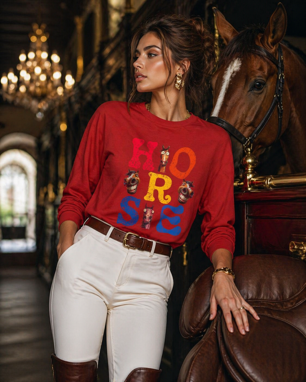 Illustrated "Horse" Lettering Design Long Sleeve T-Shirt | Equestrian Typography Tee
