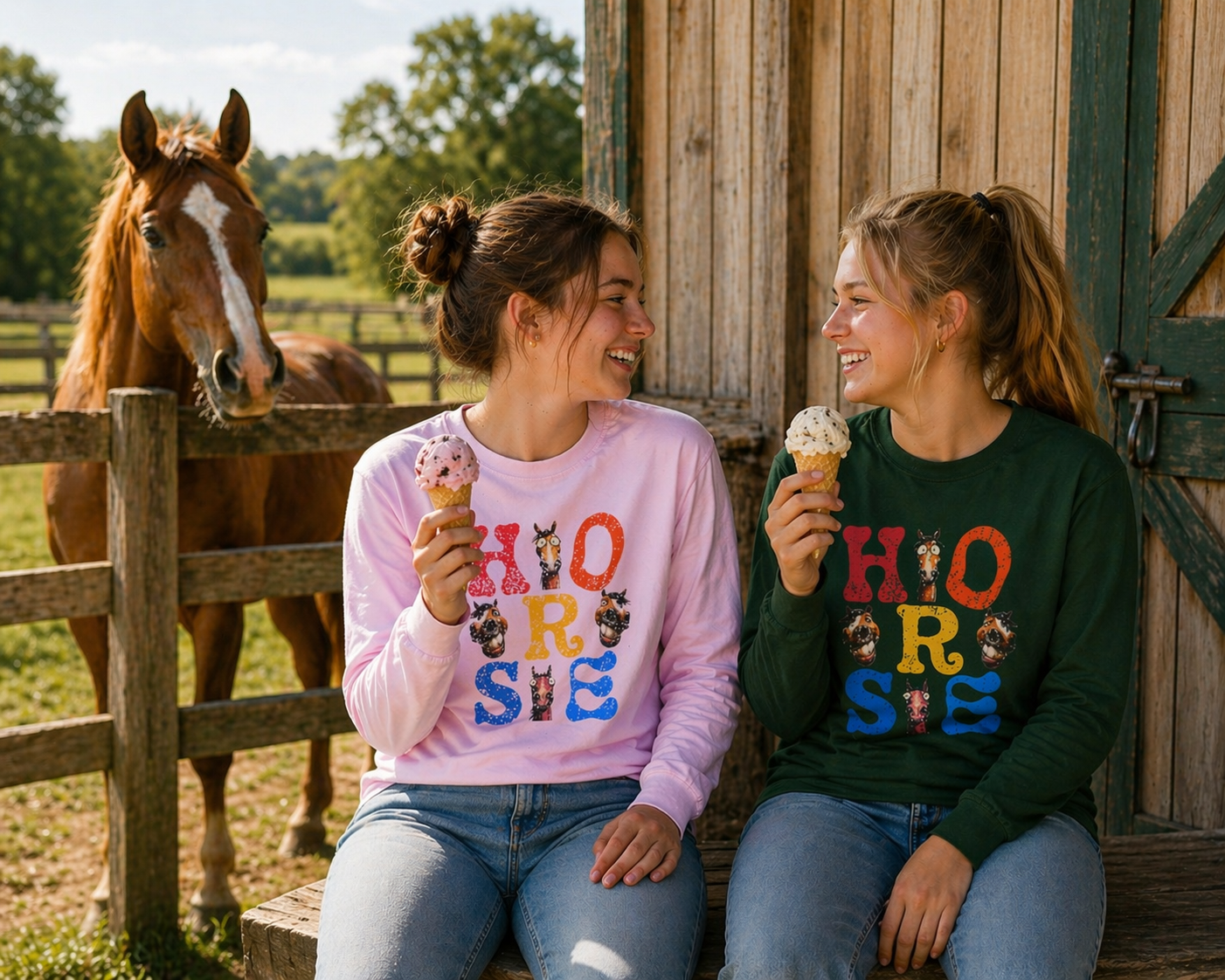 Illustrated "Horse" Lettering Design Long Sleeve T-Shirt | Equestrian Typography Tee