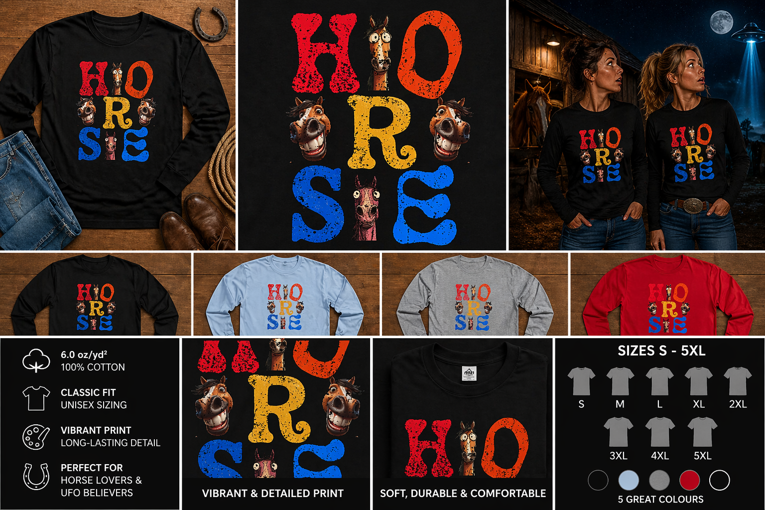 Illustrated "Horse" Lettering Design Long Sleeve T-Shirt | Equestrian Typography Tee