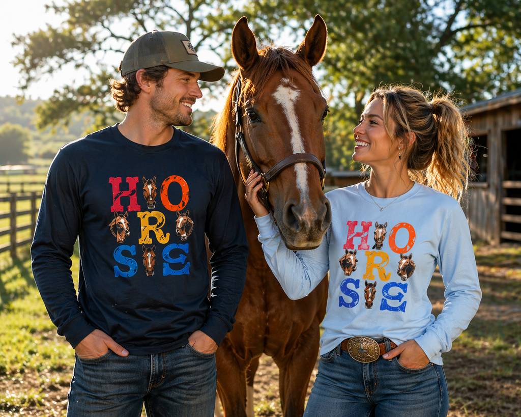 Illustrated "Horse" Lettering Design Long Sleeve T-Shirt | Equestrian Typography Tee