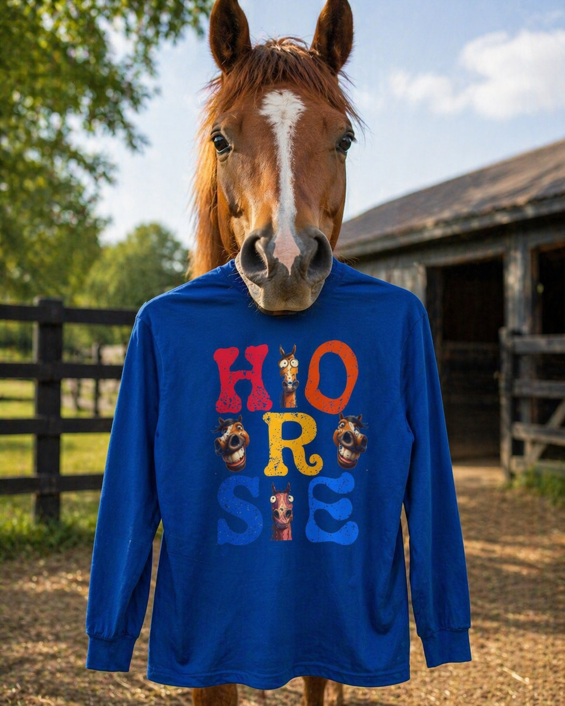 Illustrated "Horse" Lettering Design Long Sleeve T-Shirt | Equestrian Typography Tee