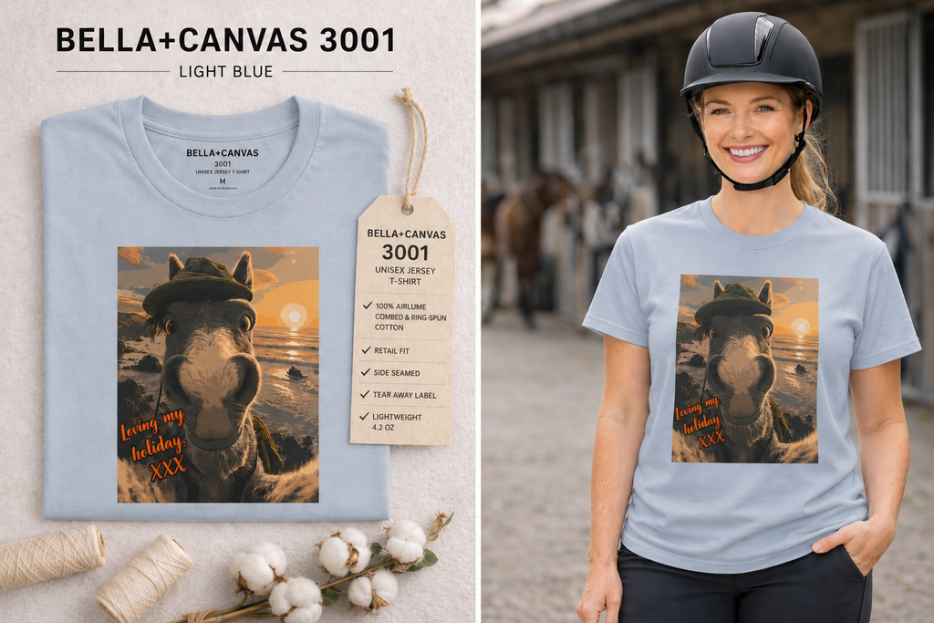 A Bella + Canvas 3001 unisex t-shirt featuring an illustrated horse taking a beach selfie at sunset, wearing a hat, with the words 'Loving my holiday XXX' in orange script.  Folded flat and life mock up.