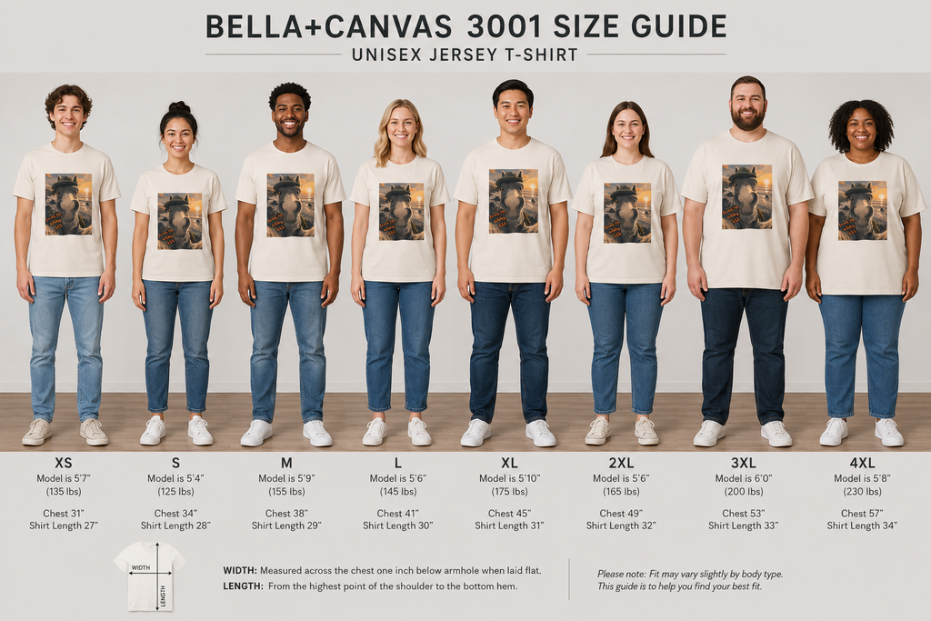 A unisex size guide for A Bella + Canvas 3001 unisex t-shirt featuring an illustrated horse taking a beach selfie at sunset, wearing a hat, with the words 'Loving my holiday XXX' in orange script. 