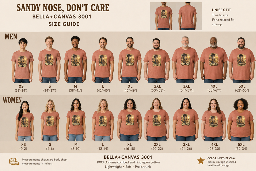 Visual size guide Sandy nose, don't care. A cheeky horse beach selfie tee for horse lovers who live for summer. Super soft Bella + Canvas 3001. Shop now at Hay There Horse Art.