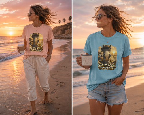Sandy nose, don't care. A cheeky horse beach selfie tee for horse lovers who live for summer. Super soft Bella + Canvas 3001. Shop now at Hay There Horse Art.
