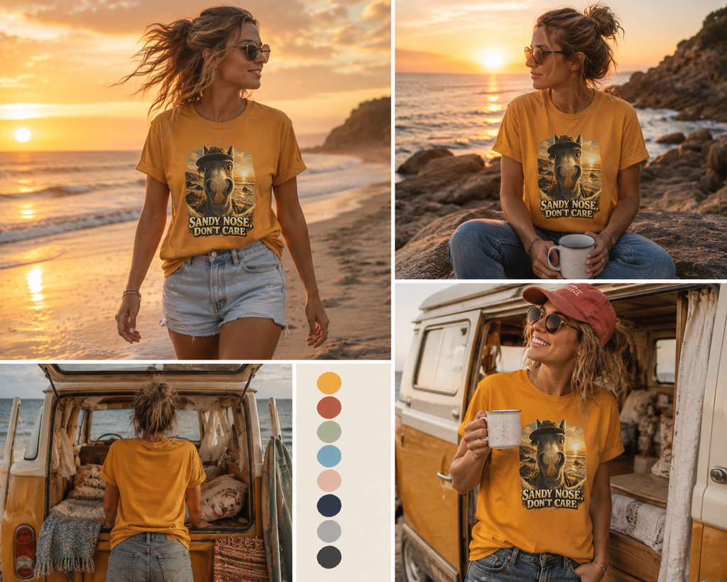 Sandy nose, don't care. A cheeky horse beach selfie tee for horse lovers who live for summer. Super soft Bella + Canvas 3001. Shop now at Hay There Horse Art.