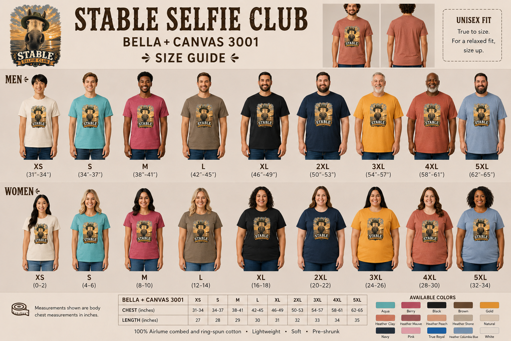 Real Life size guide for fit of Stable Selfie Club unisex t-shirt, featuring original equestrian artwork of a horse wearing a hat taking a selfie at sunset on a beach, printed on Bella & Canvas 3001 tee by Hay there Horse Art.