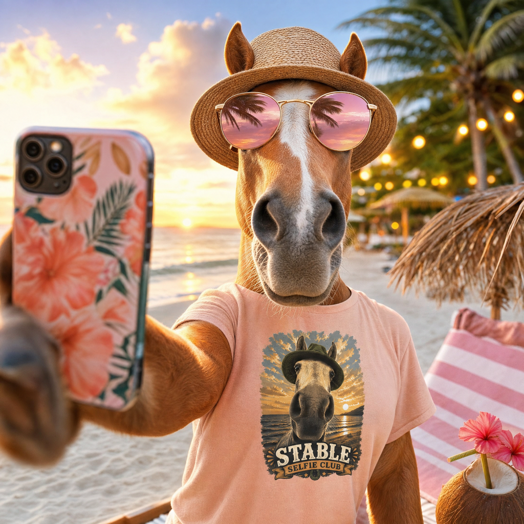Horse wearing Selfie T shirt.  Stable Selfie Club unisex t-shirt, featuring original equestrian artwork of a horse wearing a hat taking a selfie at sunset on a beach, printed on Bella & Canvas 3001 tee by Hay there Horse Art.