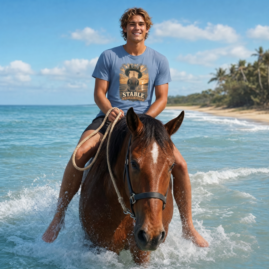 Man riding a horse wearing Stable Selfie Club unisex t-shirt in steel blue, featuring original equestrian artwork of a horse wearing a hat taking a selfie at sunset on a beach, printed on Bella & Canvas 3001 tee by Hay there Horse Art.