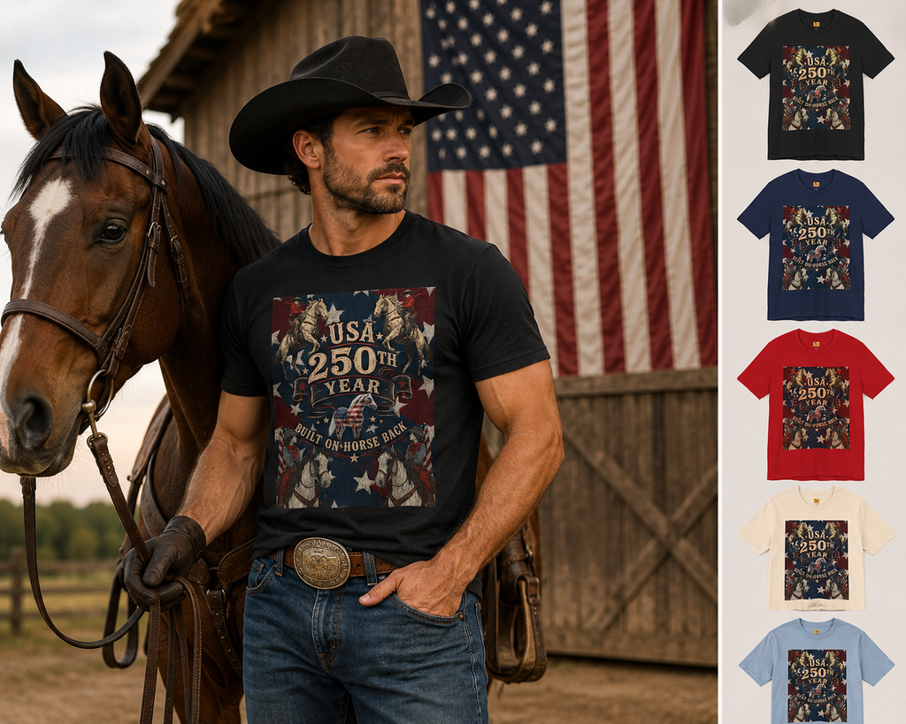 USA 250th Anniversary "Built on Horseback" Patriotic T-Shirt | American Equestrian Tee