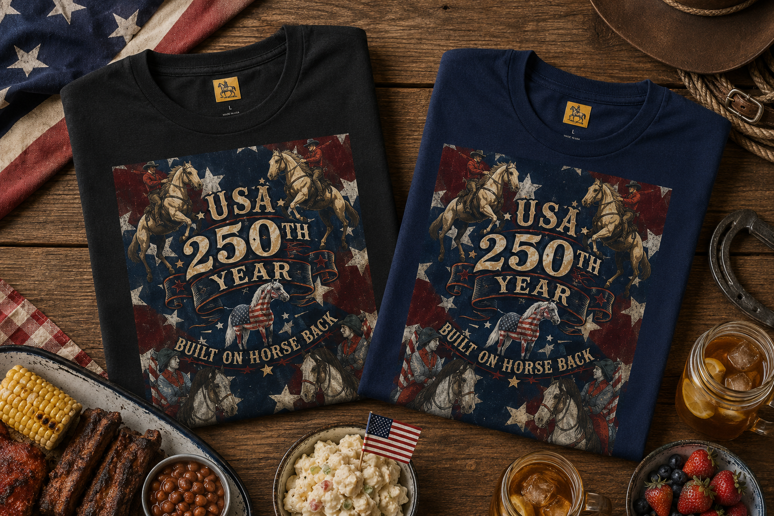 USA 250th Anniversary "Built on Horseback" Patriotic T-Shirt | American Equestrian Tee