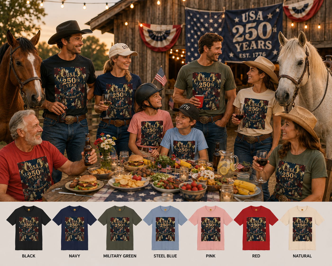 USA 250th Anniversary "Built on Horseback" Patriotic T-Shirt | American Equestrian Tee