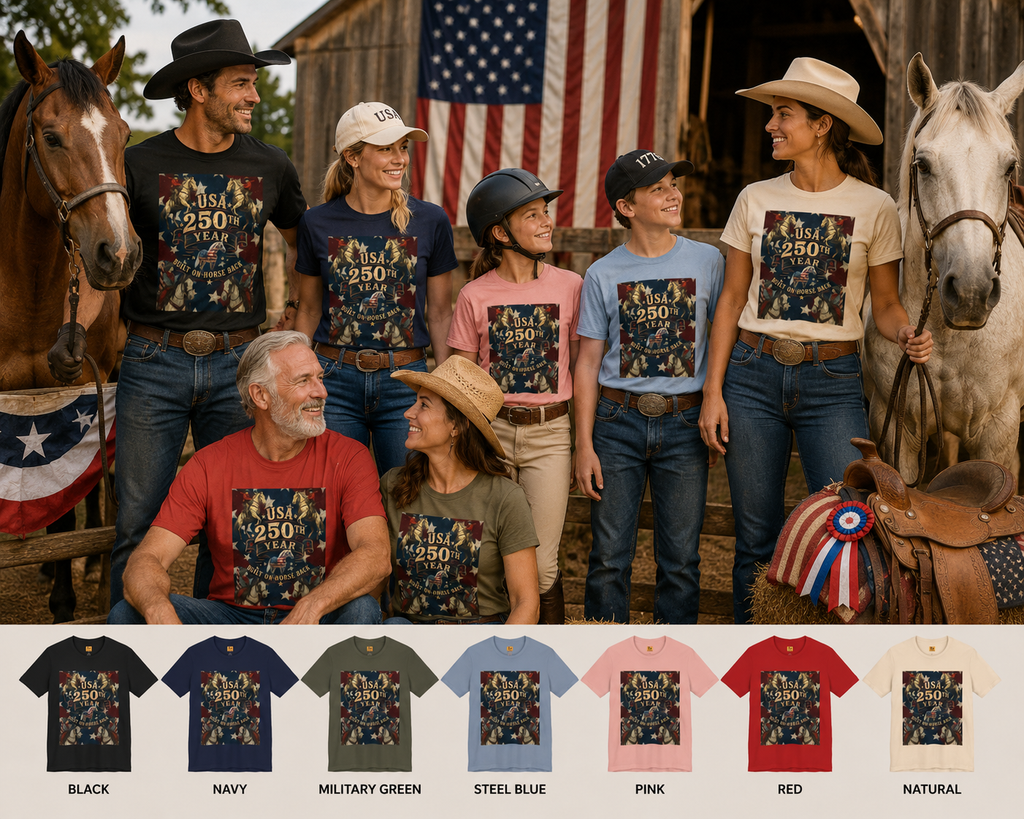 USA 250th Anniversary "Built on Horseback" Patriotic T-Shirt | American Equestrian Tee