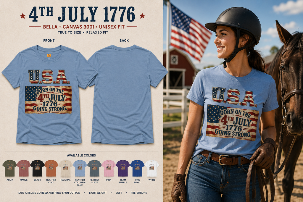 USA Born on the 4th of July 1776 Independence Day Patriotic T-Shirt | American Horse Tee