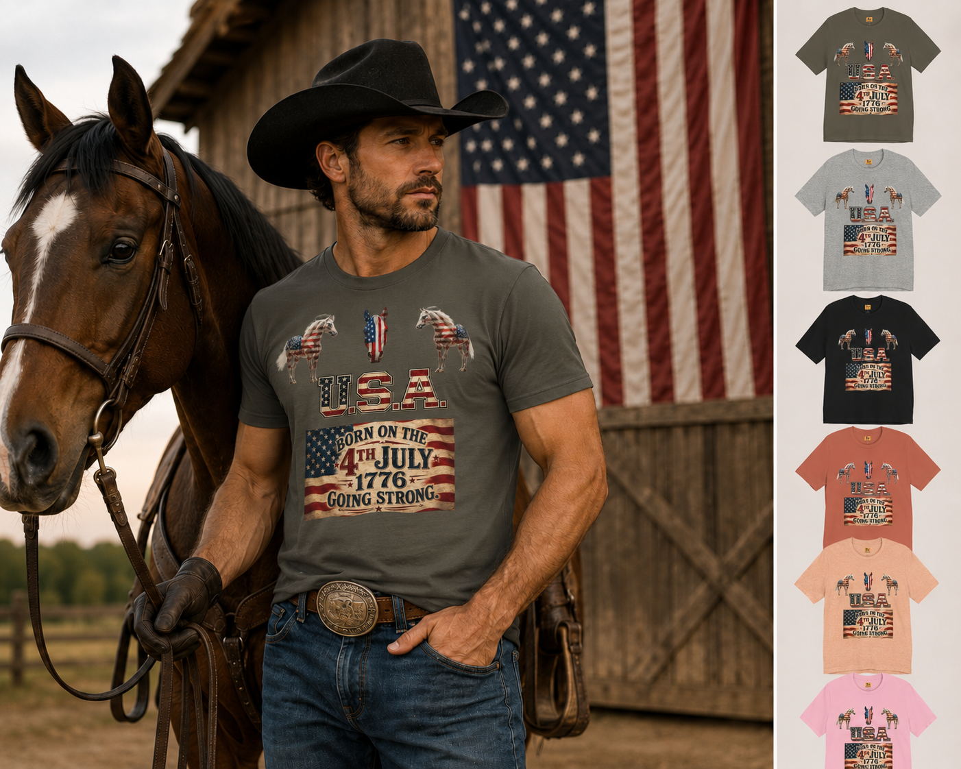 USA Born on the 4th of July 1776 Independence Day Patriotic T-Shirt | American Horse Tee