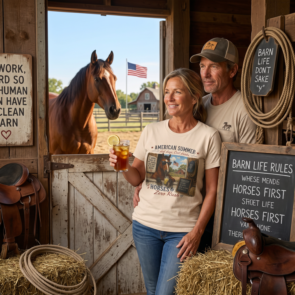 American Summer Horses T-Shirt | "Horses & Zero Rush" Vintage Farm Tee