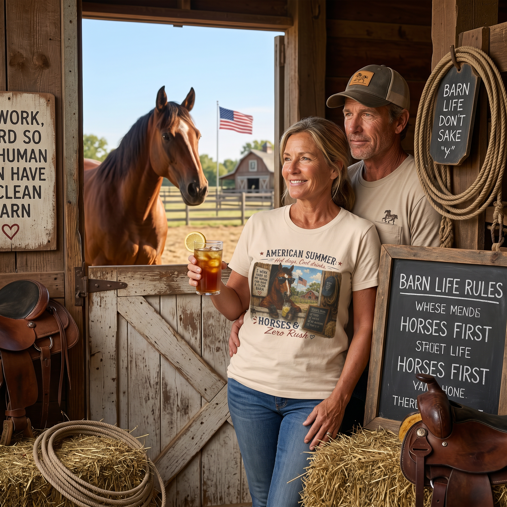 American Summer Horses T-Shirt | "Horses & Zero Rush" Vintage Farm Tee