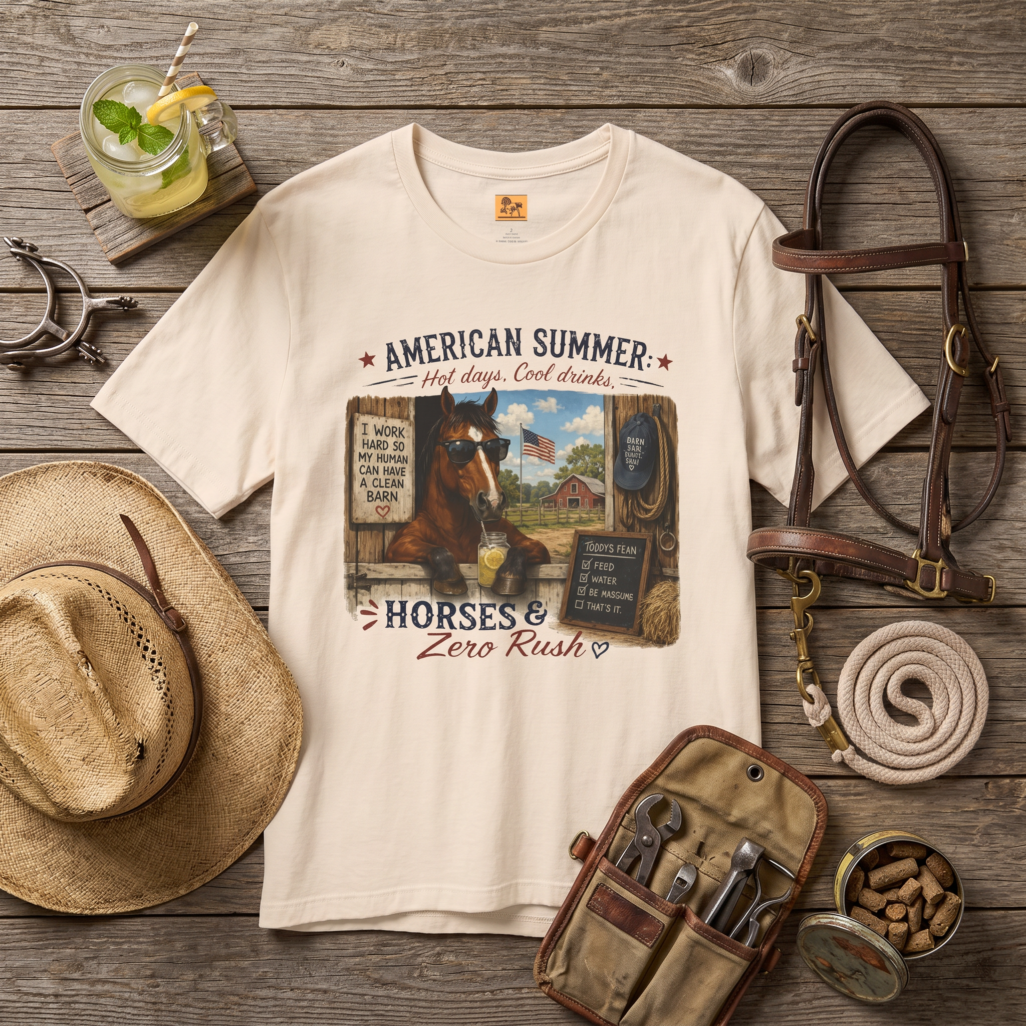 American Summer Horses T-Shirt | "Horses & Zero Rush" Vintage Farm Tee