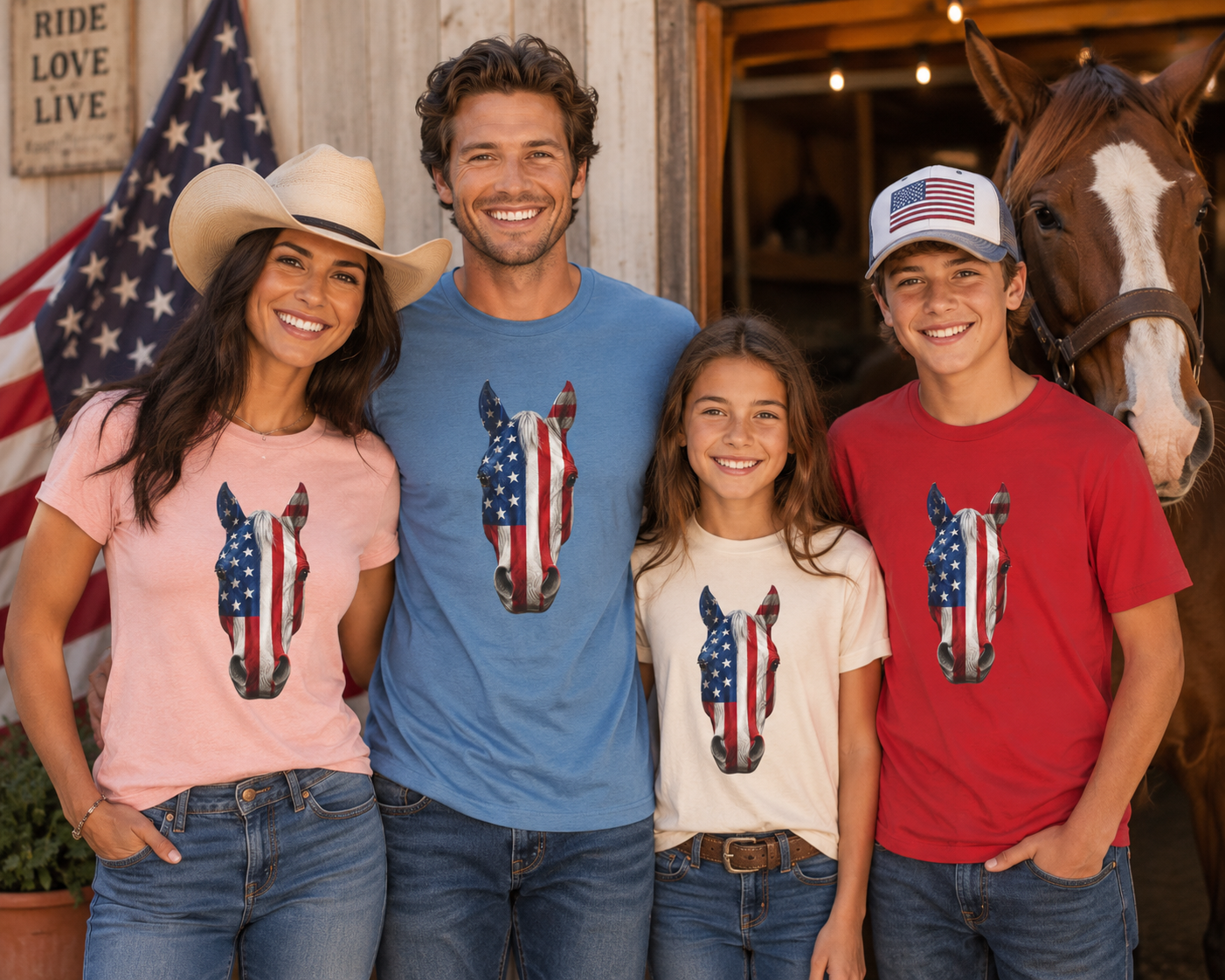 American Flag Horse Head Tee | Patriotic Equestrian T-Shirt for 4th of July