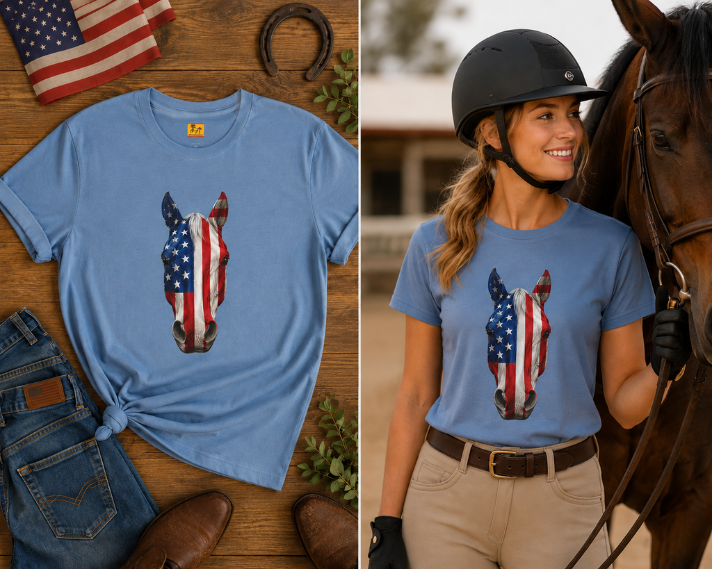 American Flag Horse Head Tee | Patriotic Equestrian T-Shirt for 4th of July