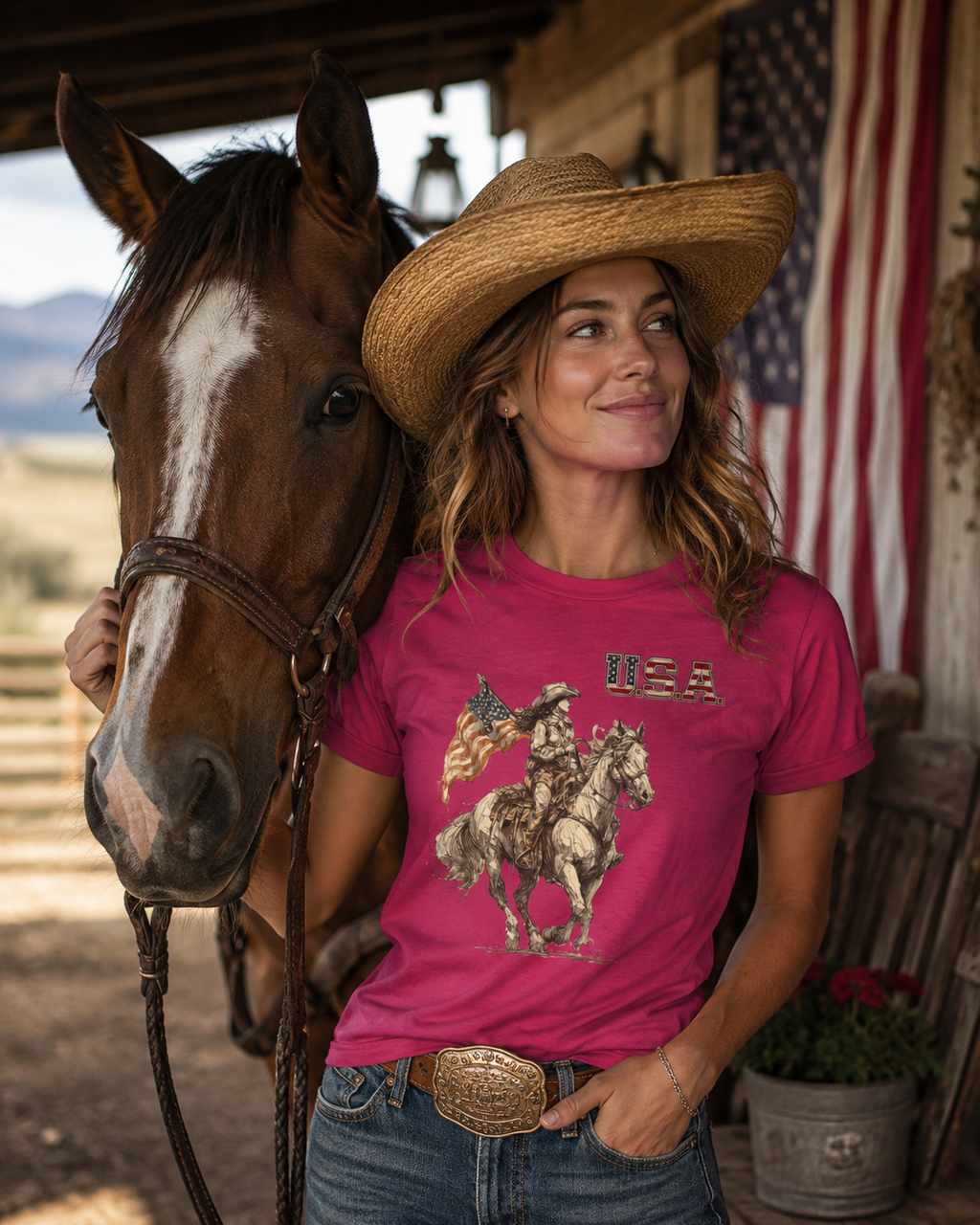 USA Flag & Cowgirl Rider T-Shirt | Patriotic Cowgirl on Horse Graphic Tee
