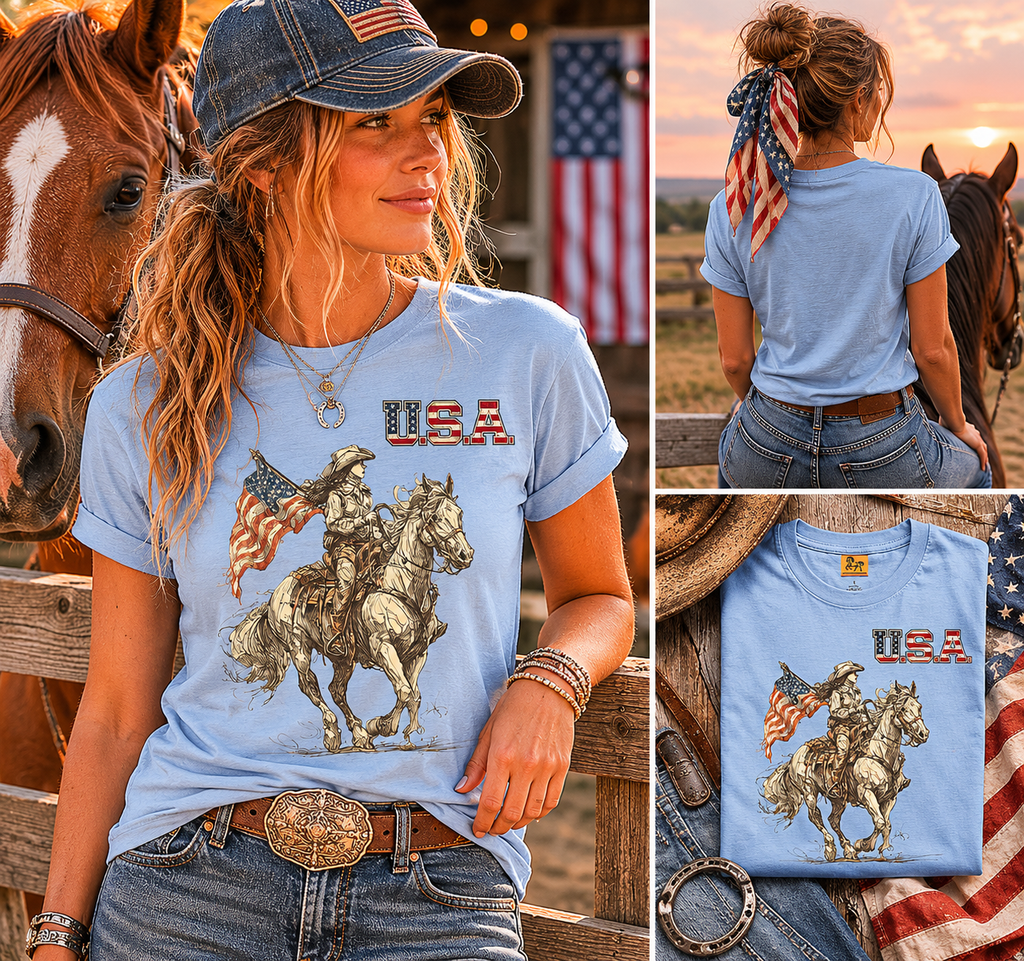 USA Flag & Cowgirl Rider T-Shirt | Patriotic Cowgirl on Horse Graphic Tee