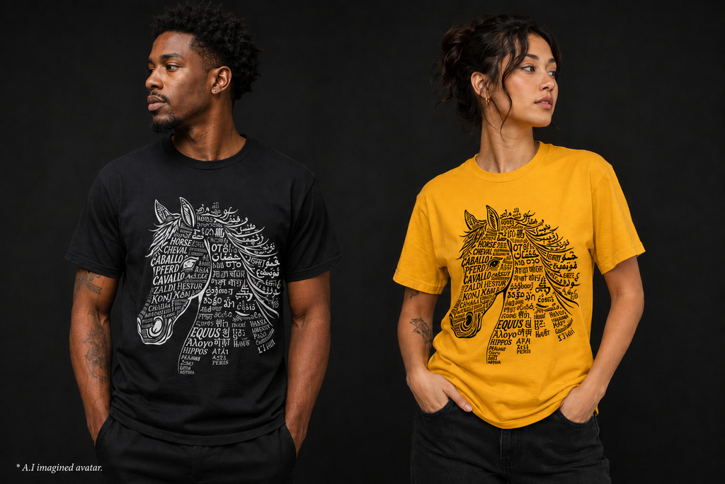 Horse design T Shirt created from the word horse in many languages Unique Horse Lover Gift Equestrian Art Tee