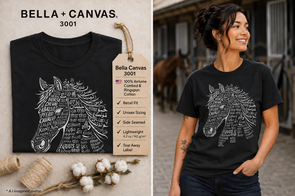 Horse design T Shirt created from the word horse in many languages Unique Horse Lover Gift Equestrian Art Tee
