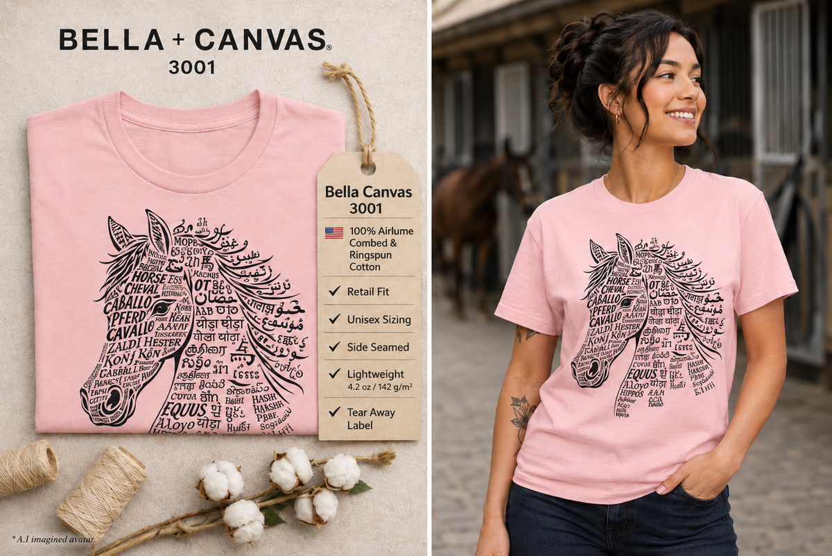Horse design T Shirt created from the word horse in many languages Unique Horse Lover Gift Equestrian Art Tee