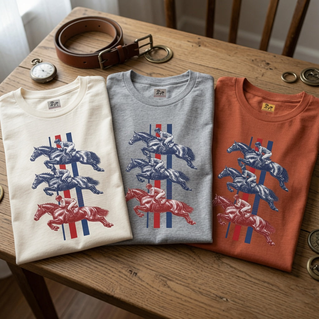 Vintage Show Jumping Horses T‑Shirt UK Red White Blue Equestrian Tee for Riders & Owners