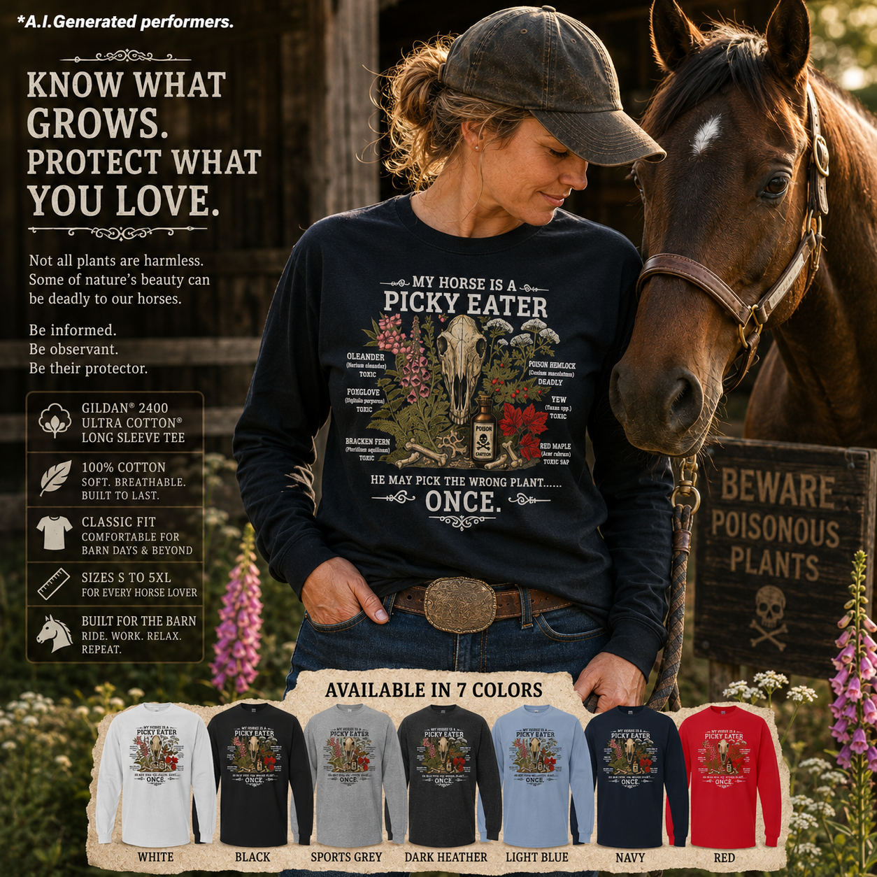 Toxic Plants for Horses Long Sleeve Tee Equestrian Barn Shirt Gildan 2400 Sizes: S to 5XL