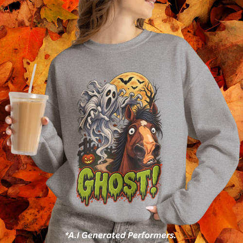Ghost! Spooky Horse Halloween Sweatshirt Funny Haunted Pony Crewneck