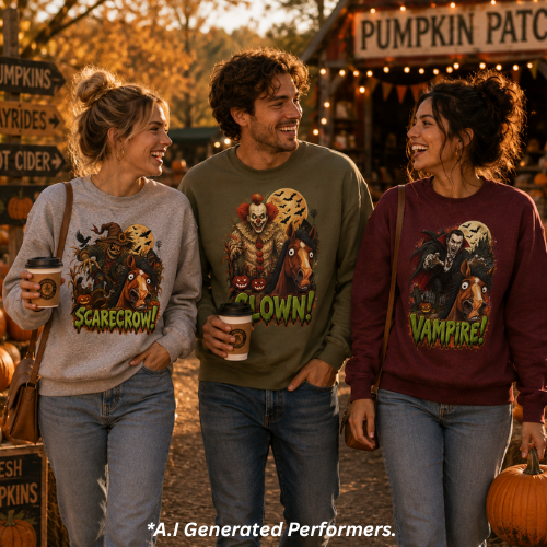 Clown! Creepy Carnival Horse Halloween Sweatshirt Funny Spooked Pony Crewneck