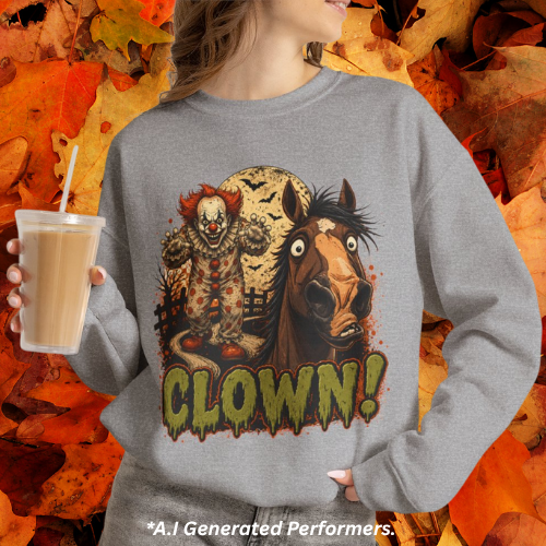 Clown! Creepy Carnival Horse Halloween Sweatshirt Funny Spooked Pony Crewneck