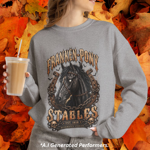 Franken-Pony Stables Est. 1818 Halloween Sweatshirt Gothic Horse Crest Crewneck