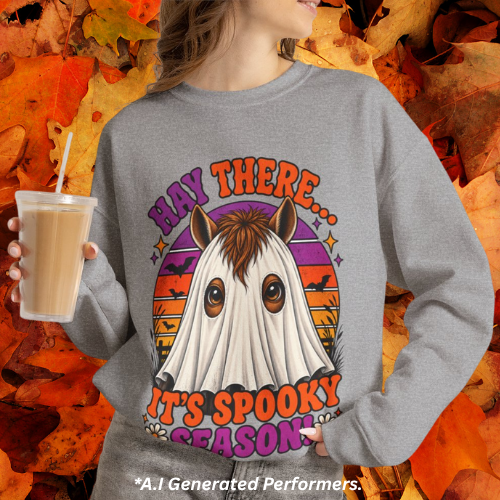 Hay There, It's Spooky Season! Ghost Horse Halloween Sweatshirt Funny Equestrian Crewneck