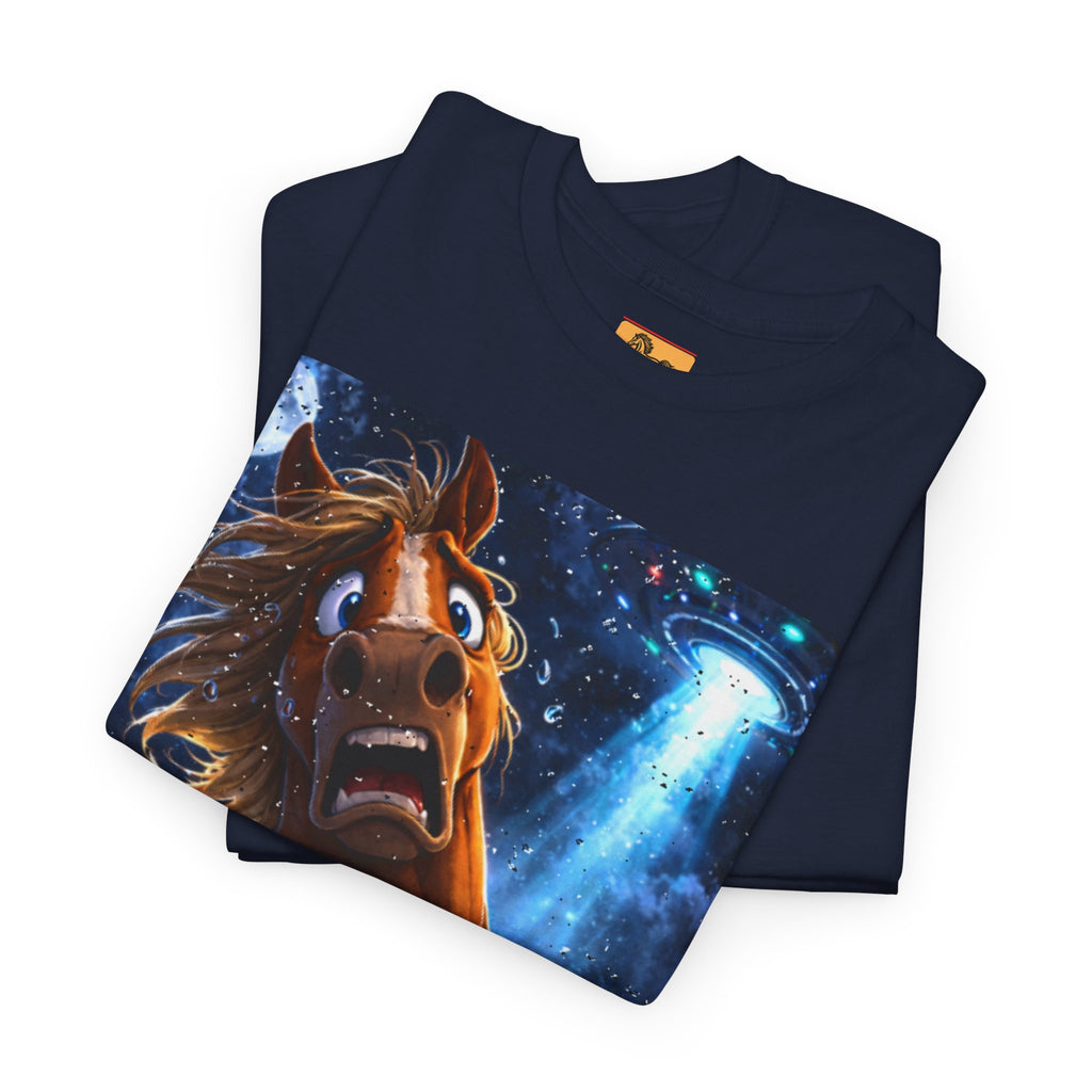 Folded navy blue t-shirt with a horse taking a selfy with a UFO graphic.  Funny Tee.