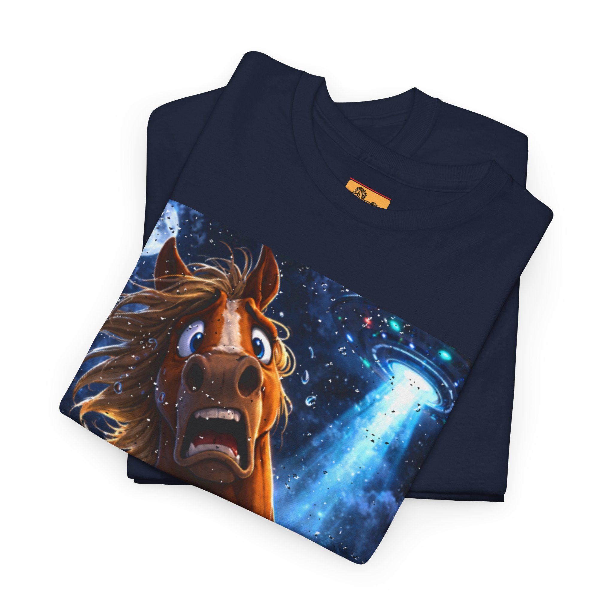 Folded navy blue t-shirt with a horse taking a selfy with a UFO graphic.  Funny Tee.