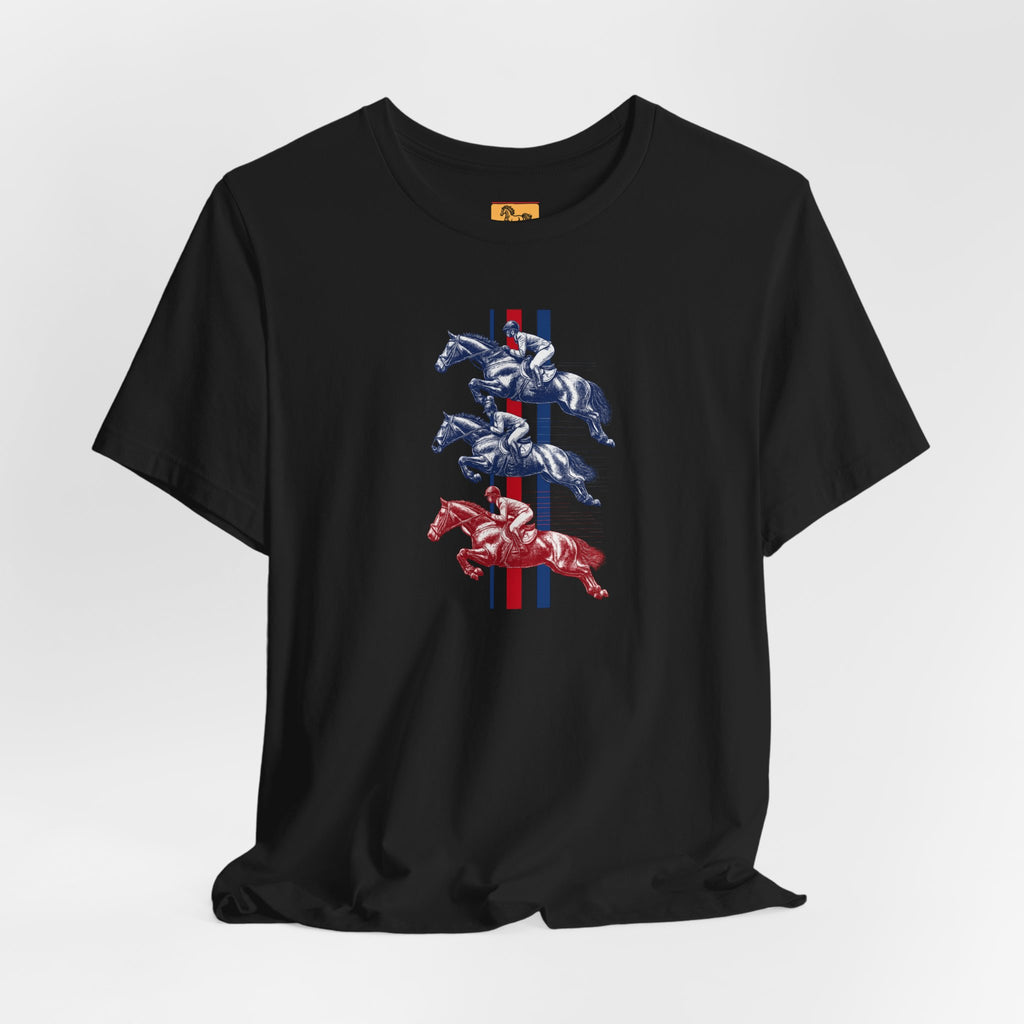 Vintage Show Jumping Horses T‑Shirt UK Red White Blue Equestrian Tee for Riders & Owners