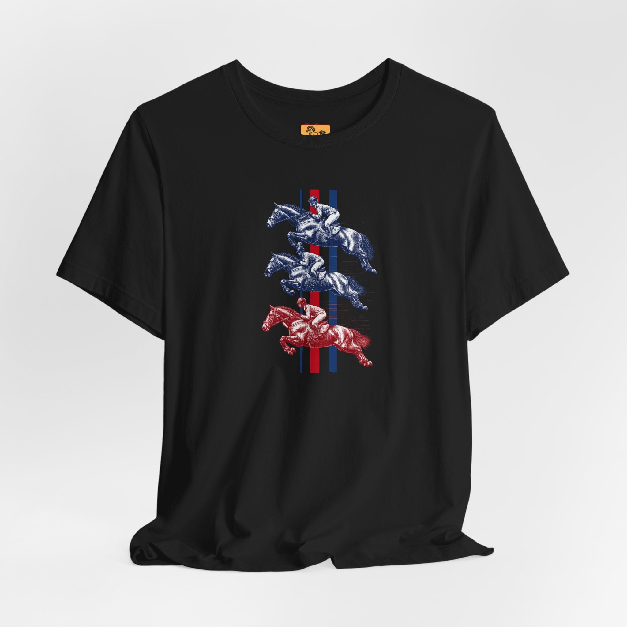 Vintage Show Jumping Horses T‑Shirt UK Red White Blue Equestrian Tee for Riders & Owners