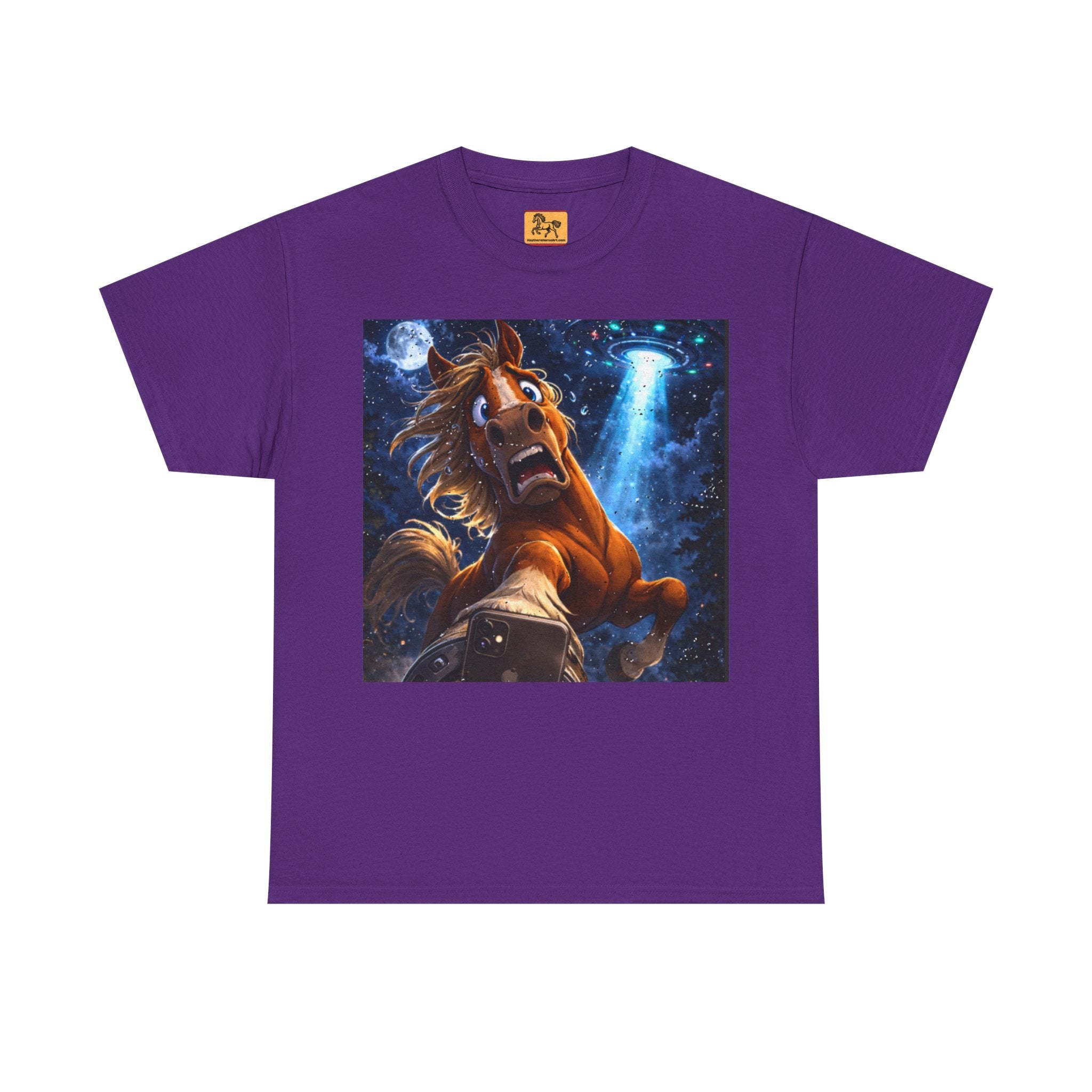 Purple t-shirt with a horse taking a selfie on a starry sky with a UFO in the  background