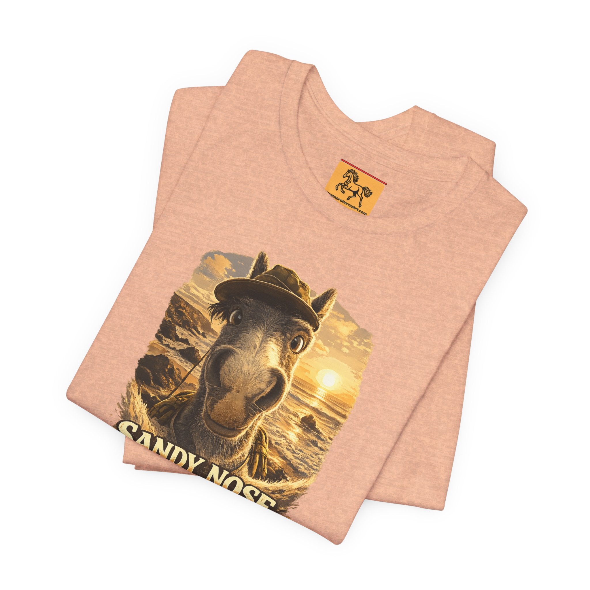 Sandy nose, don't care. A cheeky horse beach selfie tee for horse lovers who live for summer. Super soft Bella + Canvas 3001. Shop now at Hay There Horse Art.