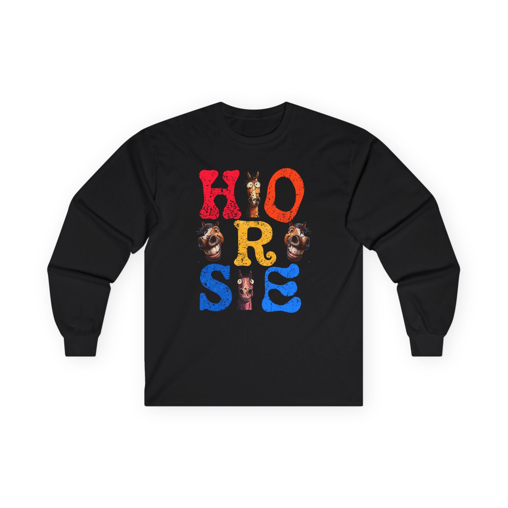 Illustrated "Horse" Lettering Design Long Sleeve T-Shirt | Equestrian Typography Tee
