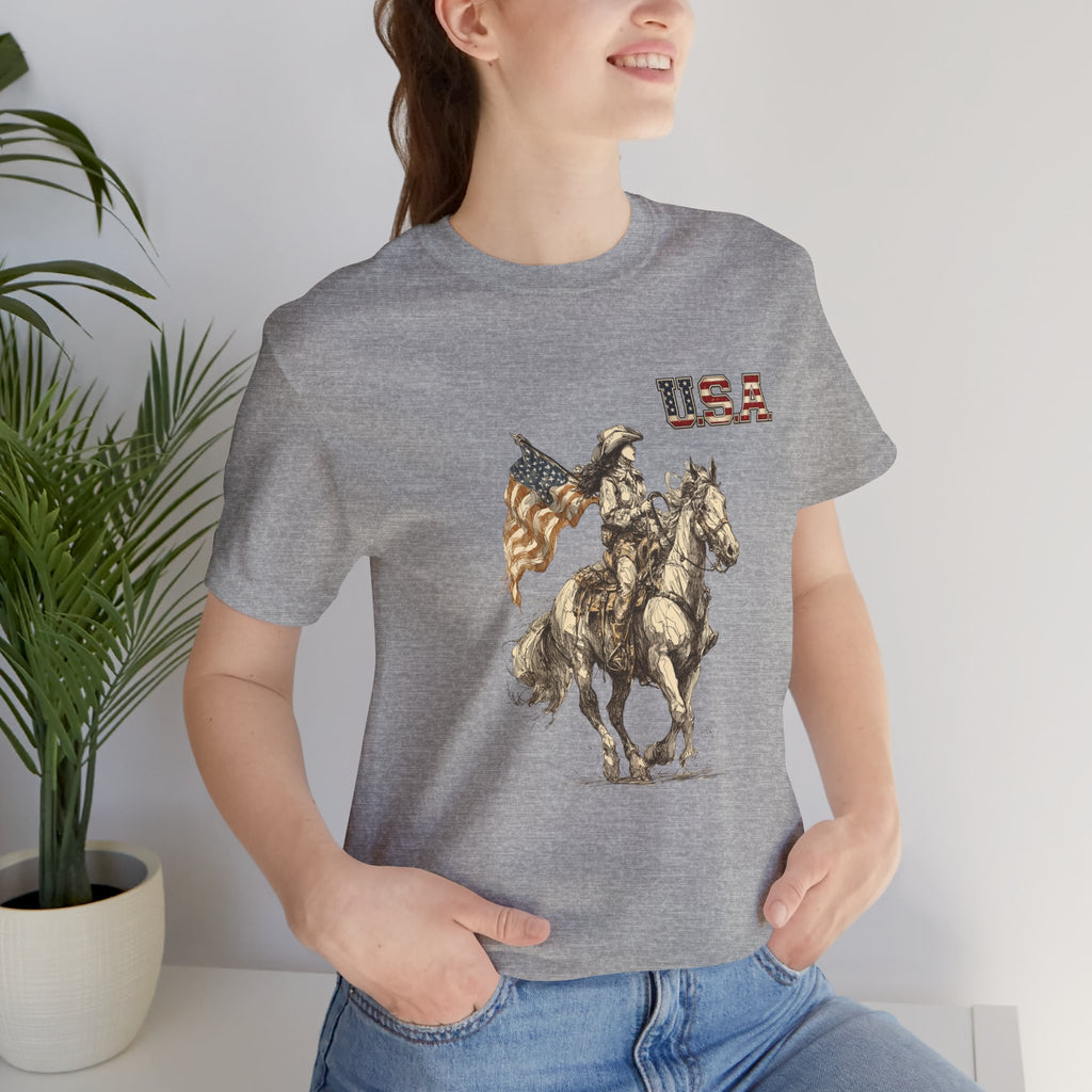 USA Flag & Cowgirl Rider T-Shirt | Patriotic Cowgirl on Horse Graphic Tee