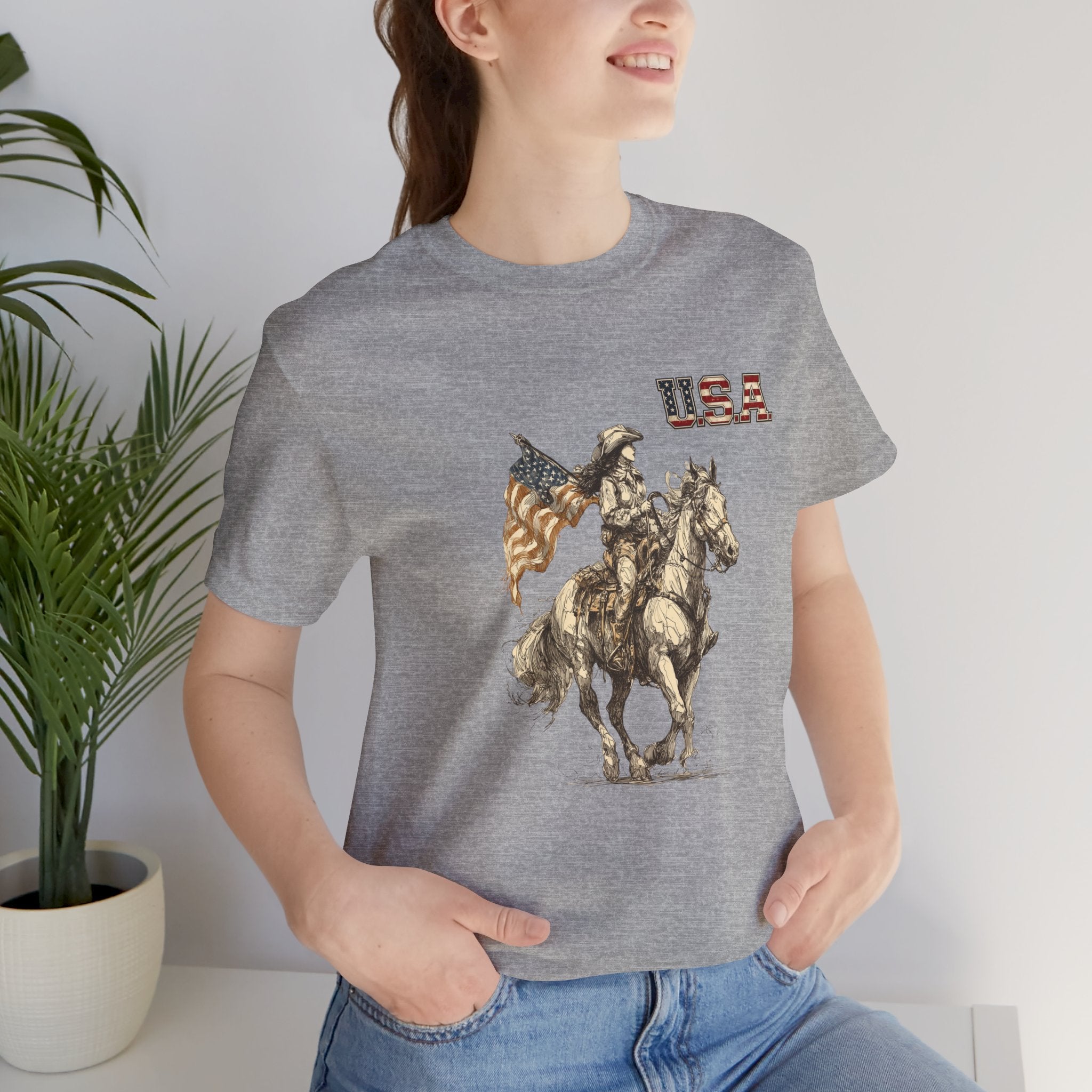 USA Flag & Cowgirl Rider T-Shirt | Patriotic Cowgirl on Horse Graphic Tee