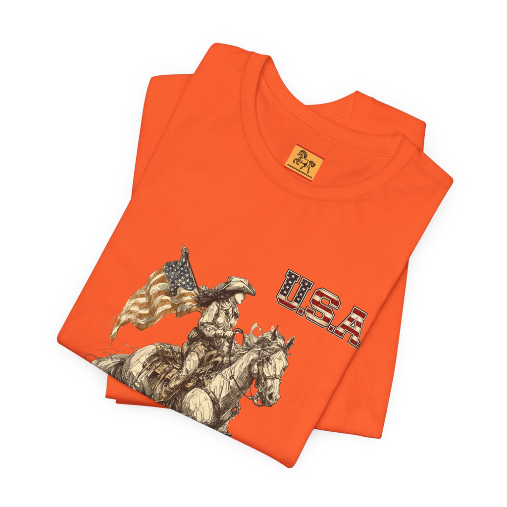 USA Flag & Cowgirl Rider T-Shirt | Patriotic Cowgirl on Horse Graphic Tee