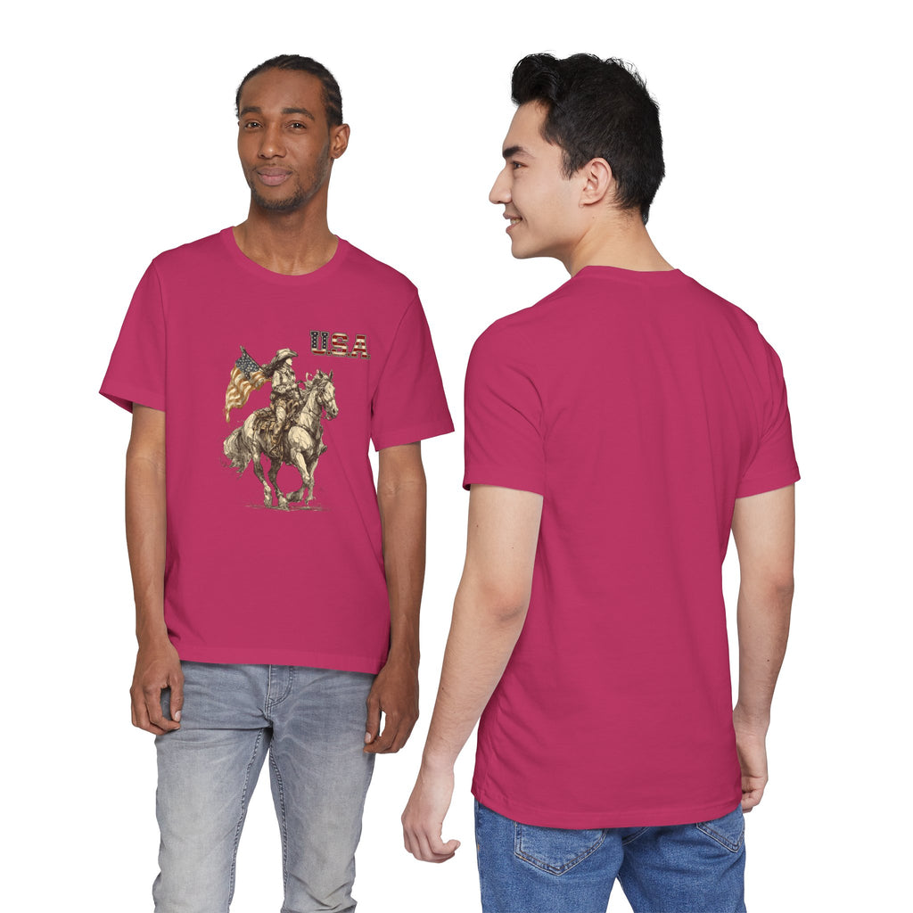 USA Flag & Cowgirl Rider T-Shirt | Patriotic Cowgirl on Horse Graphic Tee