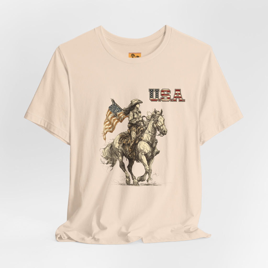 USA Flag & Cowgirl Rider T-Shirt | Patriotic Cowgirl on Horse Graphic Tee