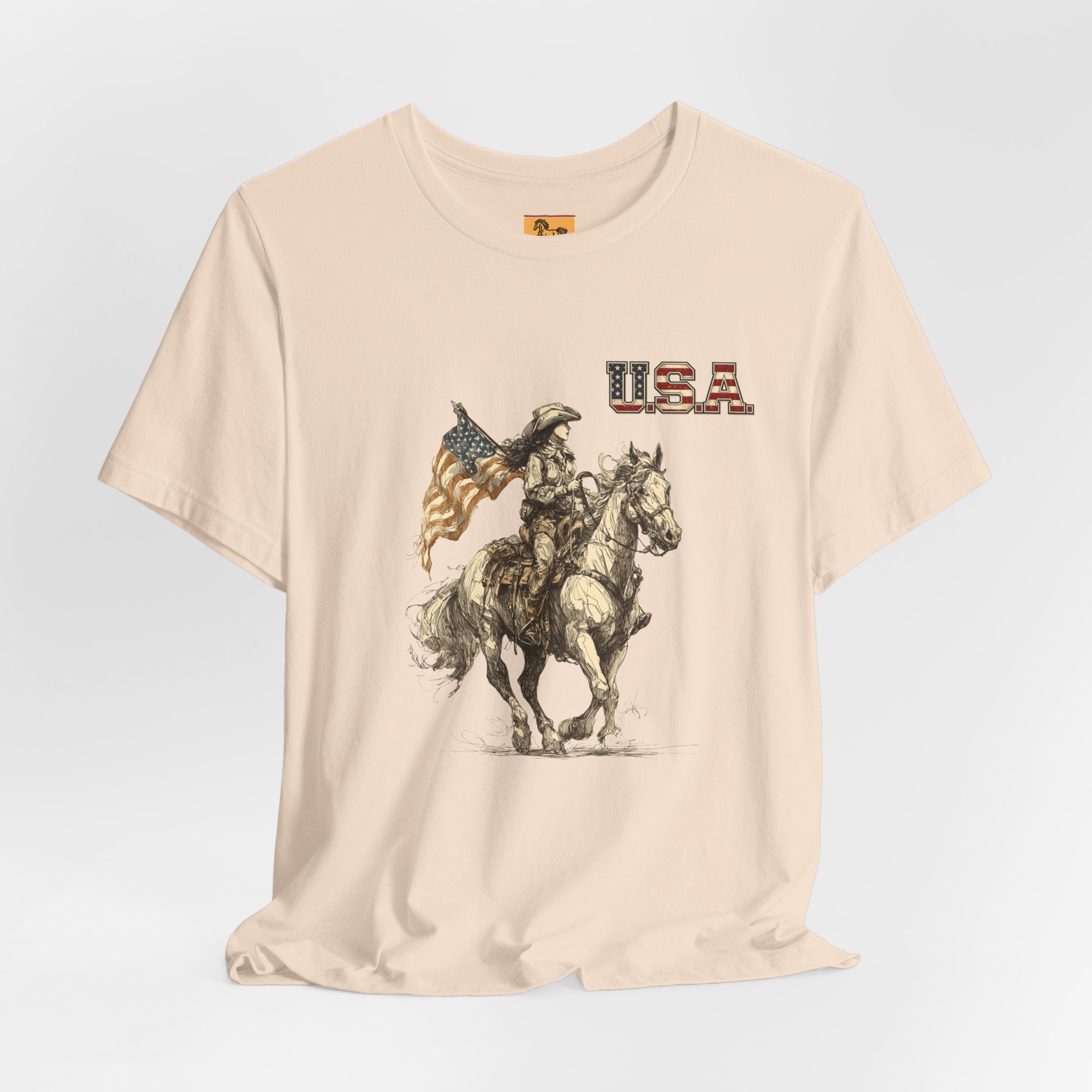 USA Flag & Cowgirl Rider T-Shirt | Patriotic Cowgirl on Horse Graphic Tee