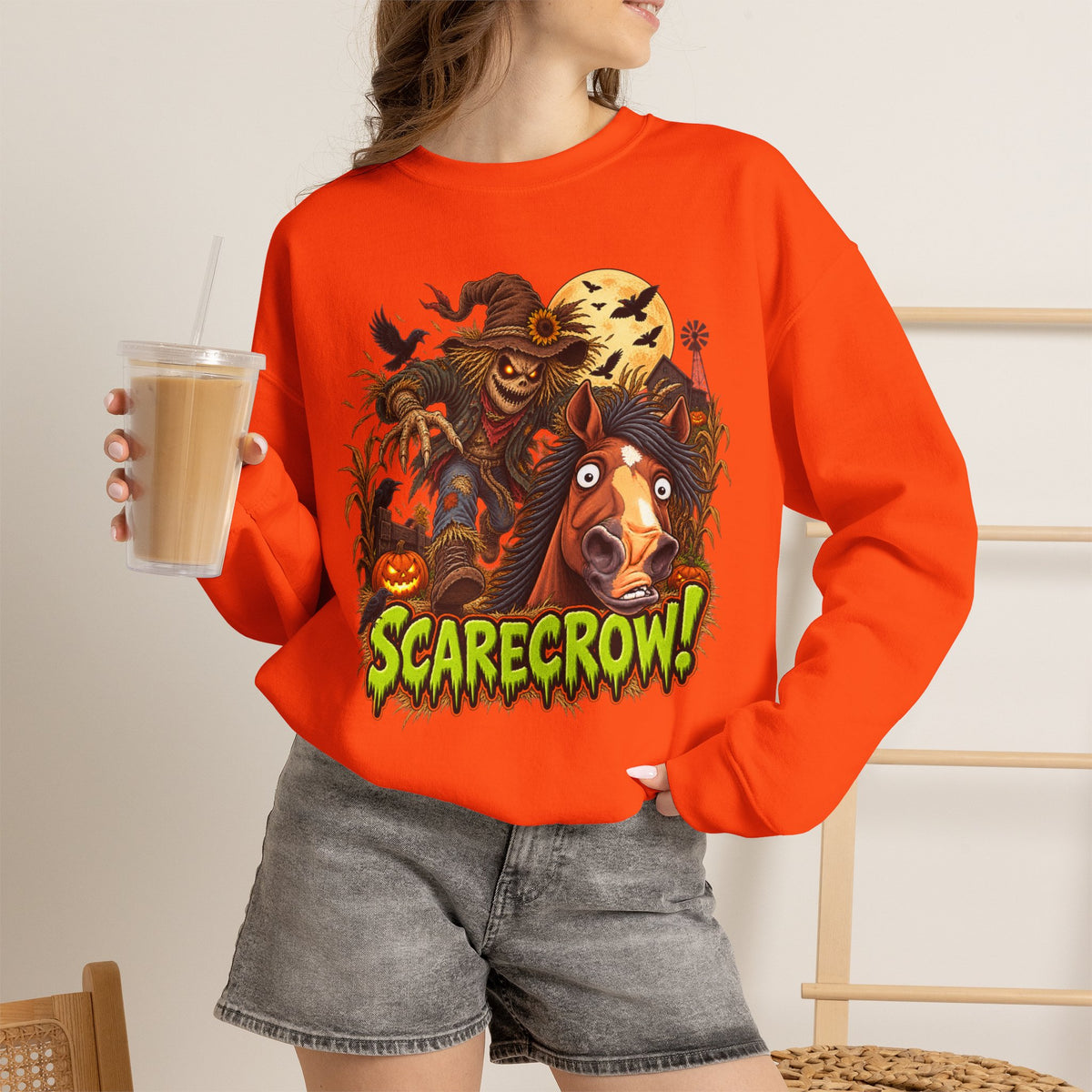 Scarecrow! Spooky Horse Halloween Sweatshirt, Funny Haunted Pony Crewneck